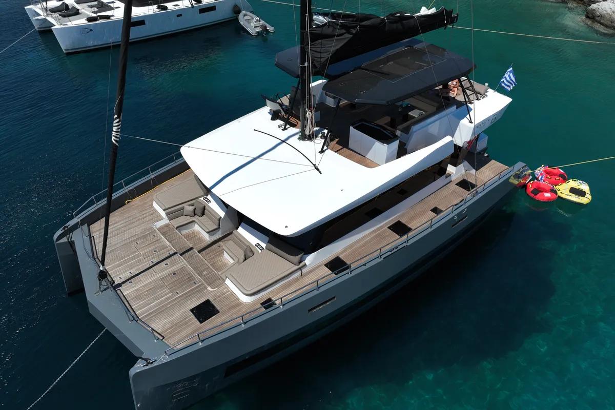 Exterior view of Moonlight, a Gulet Moon Sail 60 catamaran at Lavreotiki, Greece