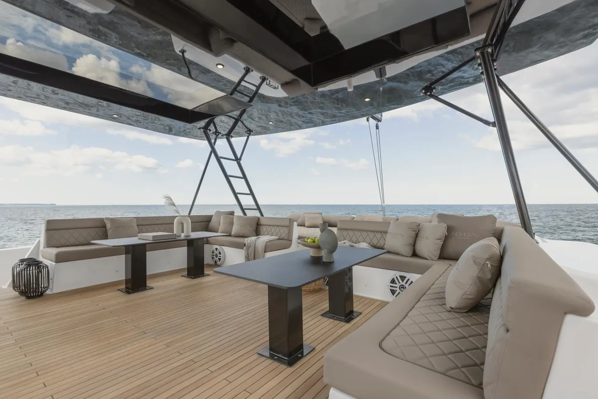 Deck of Moonlight, a Gulet Moon Sail 60 catamaran at Lavreotiki, Greece