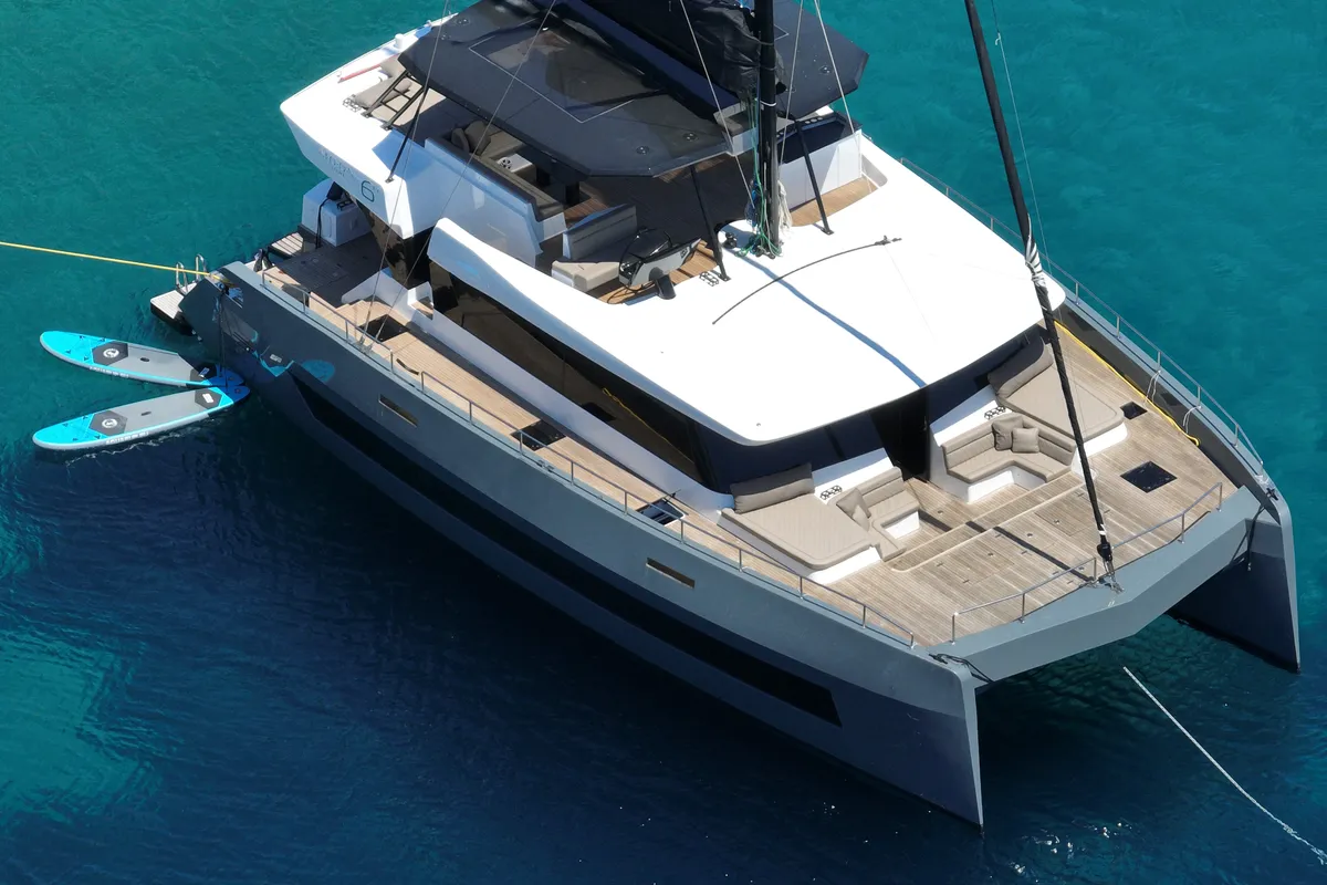Exterior view of Moonlight, a Gulet Moon Sail 60 catamaran at Lavreotiki, Greece