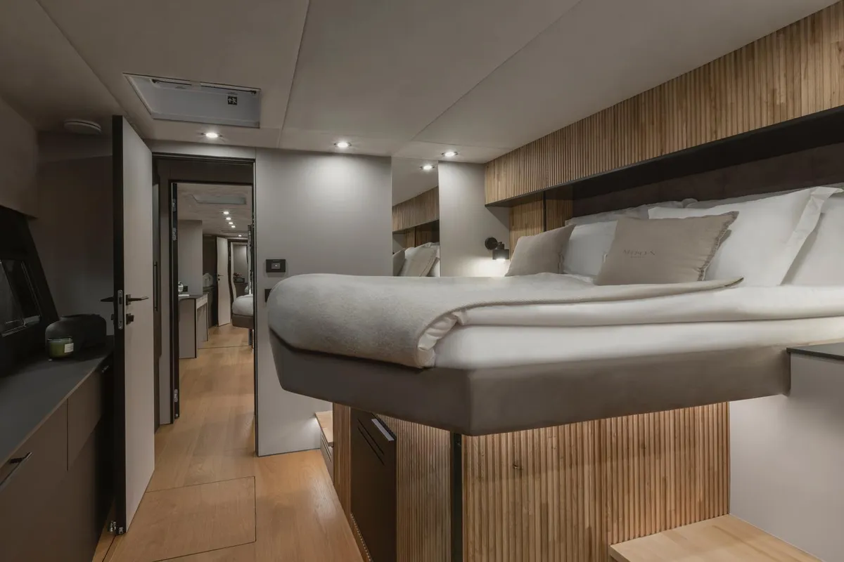 Cabin on Moonlight, a Gulet Moon Sail 60 catamaran at Lavreotiki, Greece