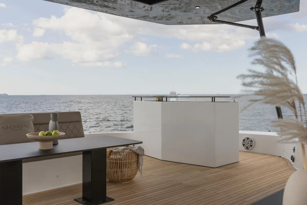 Deck of Moonlight, a Gulet Moon Sail 60 catamaran at Lavreotiki, Greece