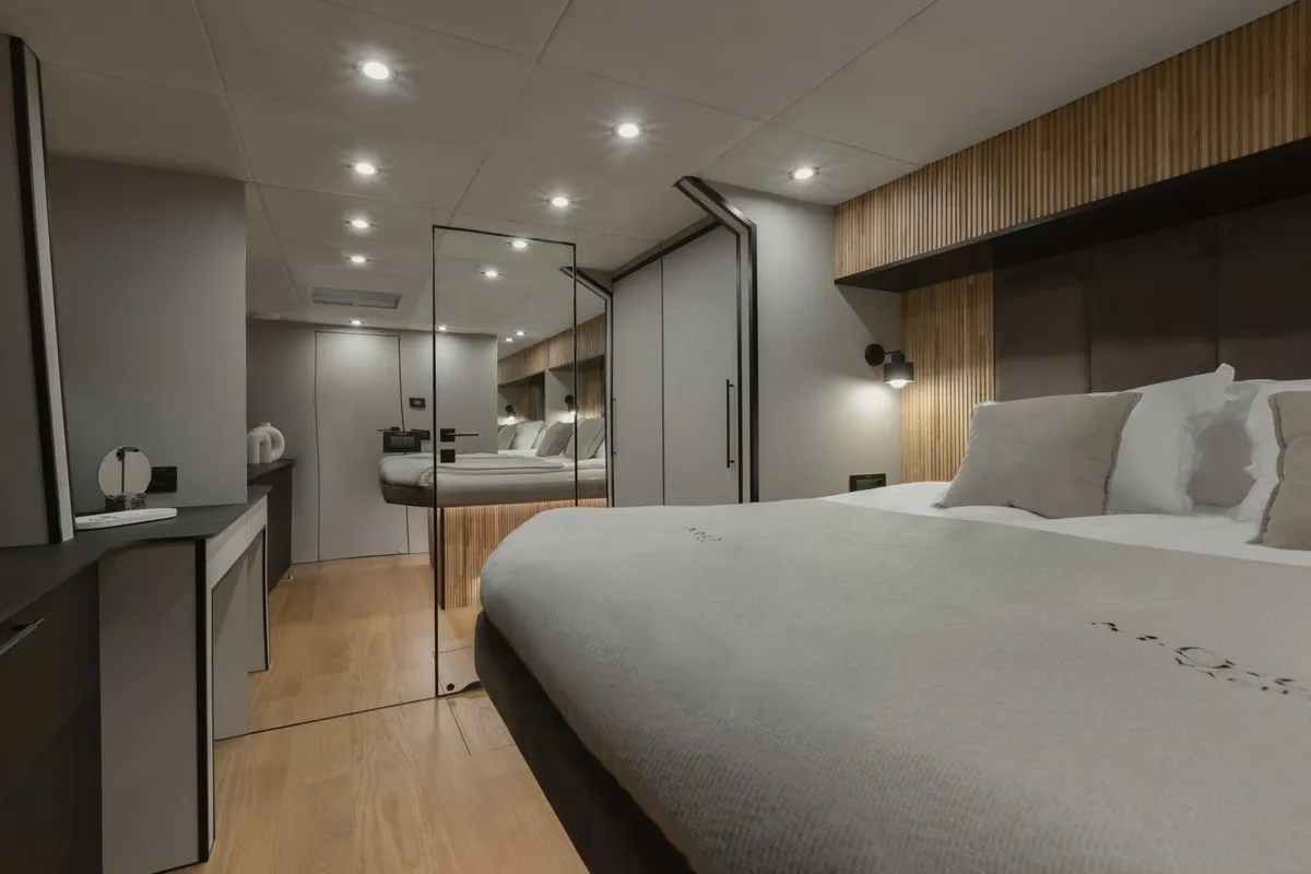 Cabin on Moonlight, a Gulet Moon Sail 60 catamaran at Lavreotiki, Greece