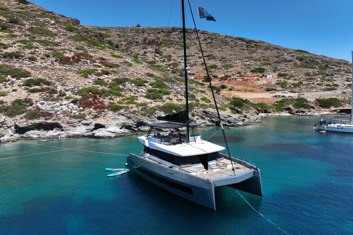 Exterior view of Moonlight, a Gulet Moon Sail 60 catamaran at Lavreotiki, Greece