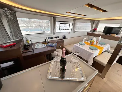 Salon of Kalisi Mou, a Lagoon 46 catamaran at Parikia, Greece