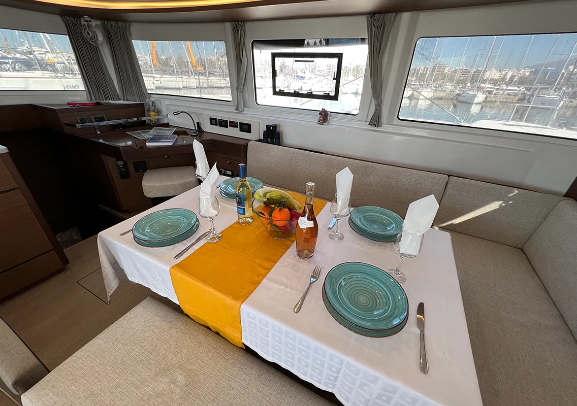Salon of Kalisi Mou, a Lagoon 46 catamaran at Parikia, Greece