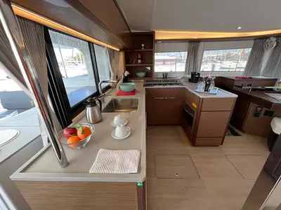 Galley of Kalisi Mou, a Lagoon 46 catamaran at Parikia, Greece