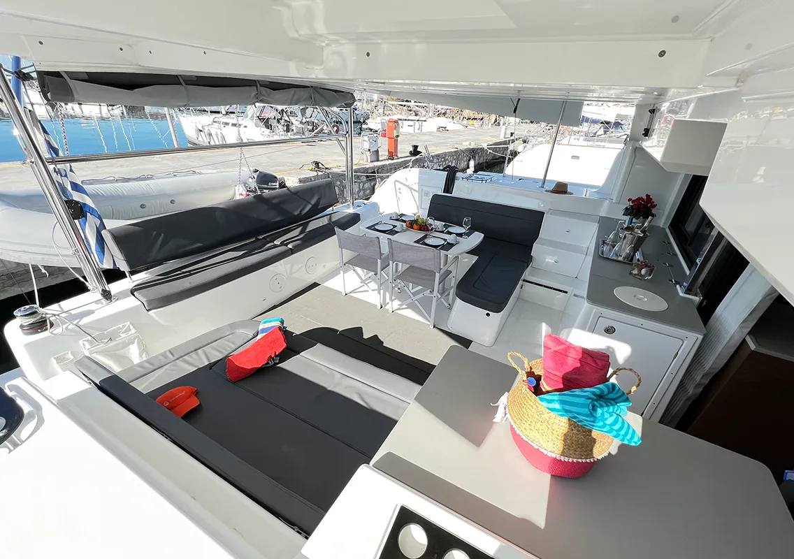 Deck of Kalisi Mou, a Lagoon 46 catamaran at Parikia, Greece