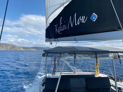 Deck of Kalisi Mou, a Lagoon 46 catamaran at Parikia, Greece