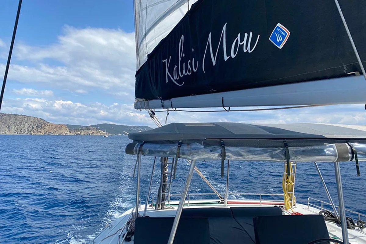 Deck of Kalisi Mou, a Lagoon 46 catamaran at Parikia, Greece