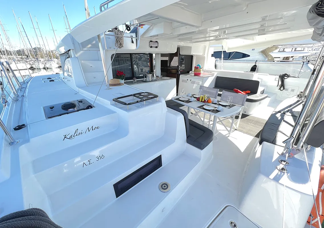 Deck of Kalisi Mou, a Lagoon 46 catamaran at Parikia, Greece