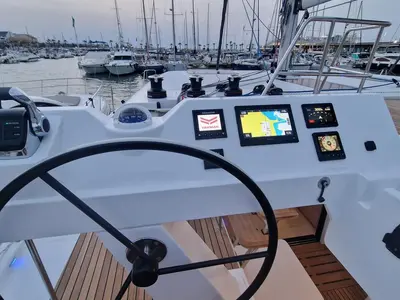 Cockpit of Art J, a Aventura 45 catamaran at Pirovac, Croatia