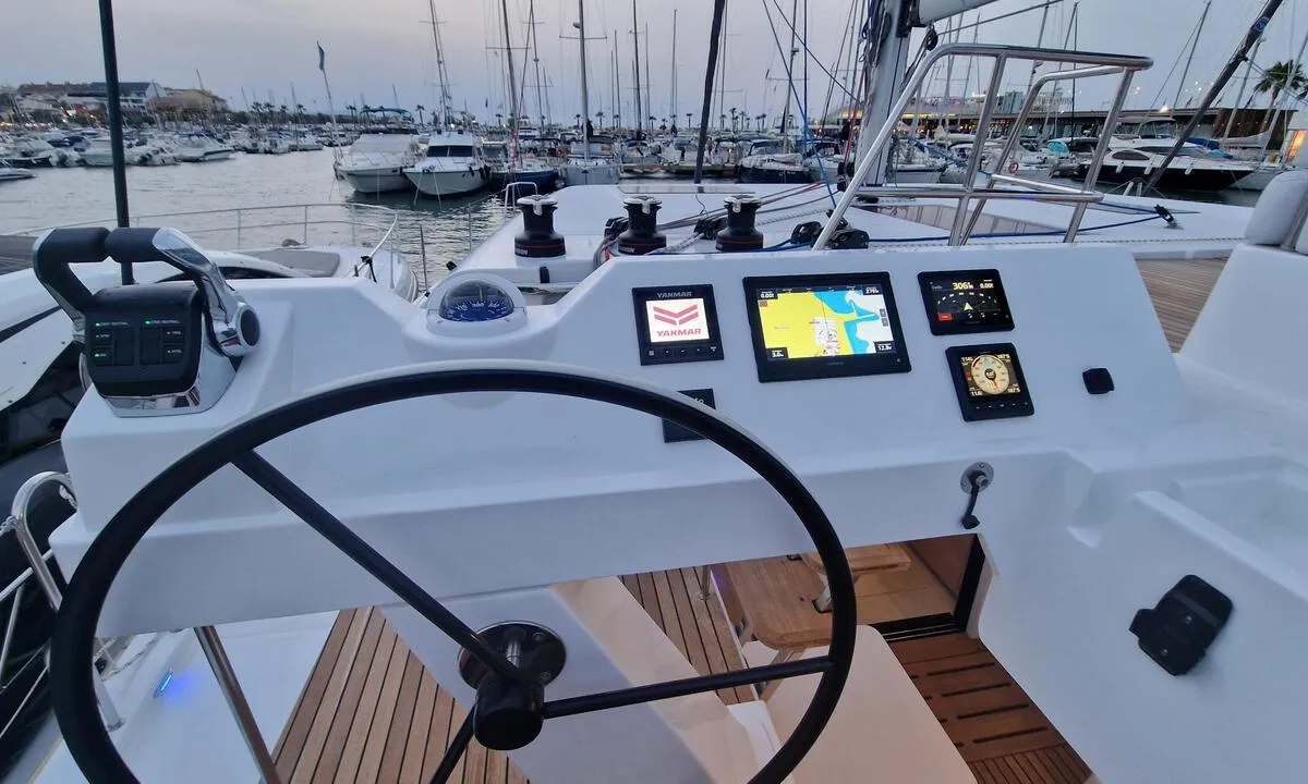 Cockpit of Art J, a Aventura 45 catamaran at Pirovac, Croatia