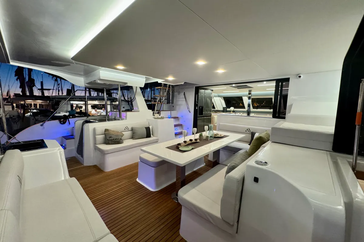 Deck of Art J, a Aventura 45 catamaran at Pirovac, Croatia
