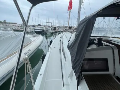 Deck of Rigel, a Jeanneau Sun Odyssey 490 sailboat at Salerno, Italy