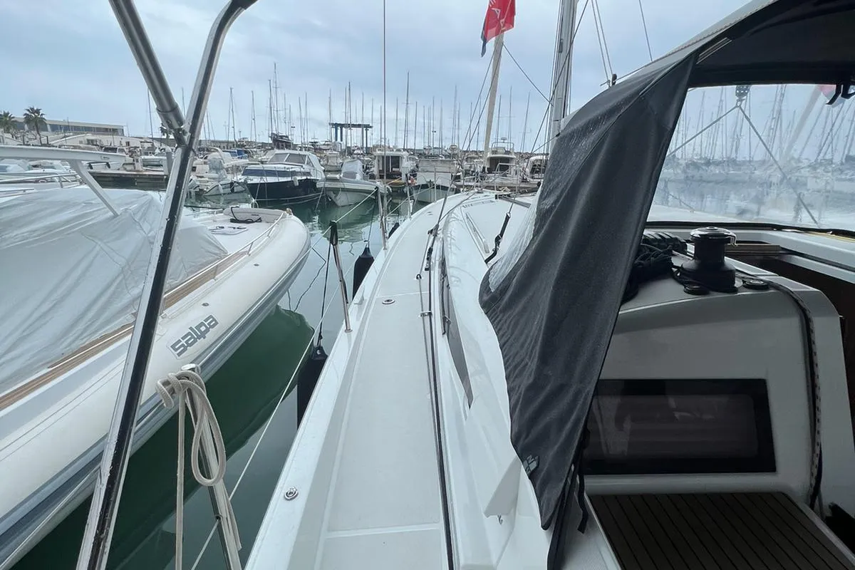 Deck of Rigel, a Jeanneau Sun Odyssey 490 sailboat at Salerno, Italy