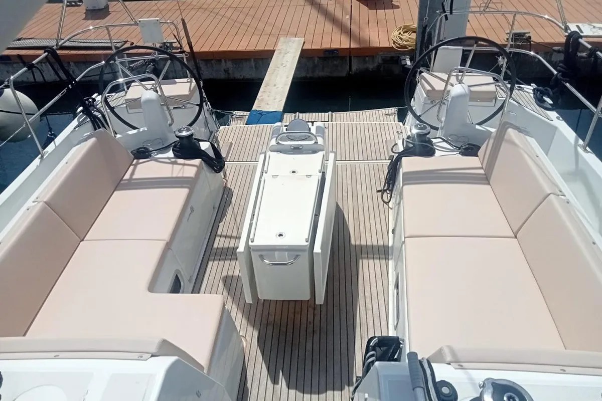 Cockpit of Rigel, a Jeanneau Sun Odyssey 490 sailboat at Salerno, Italy