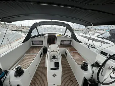 Cockpit of Rigel, a Jeanneau Sun Odyssey 490 sailboat at Salerno, Italy