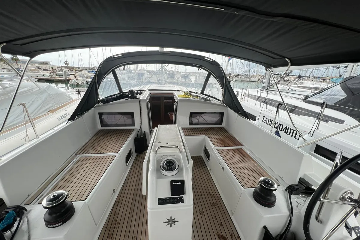 Cockpit of Rigel, a Jeanneau Sun Odyssey 490 sailboat at Salerno, Italy