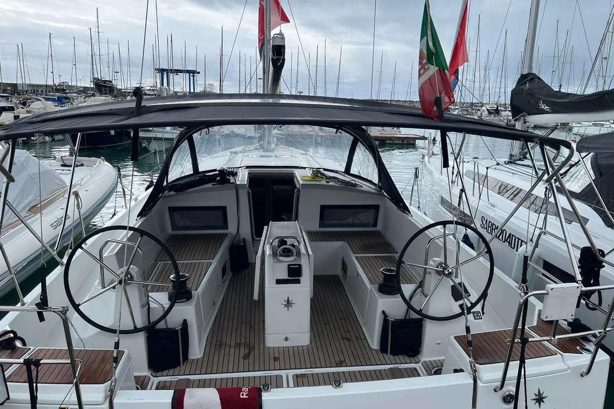 Cockpit of Rigel, a Jeanneau Sun Odyssey 490 sailboat at Salerno, Italy