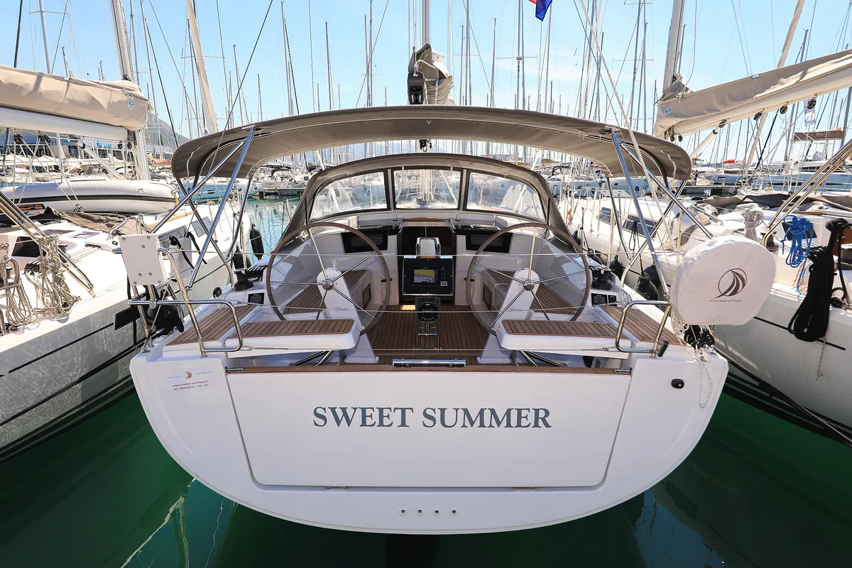 Exterior view of Sweet Summer, a Hanse 388 sailboat at Grad Kaštela, Croatia