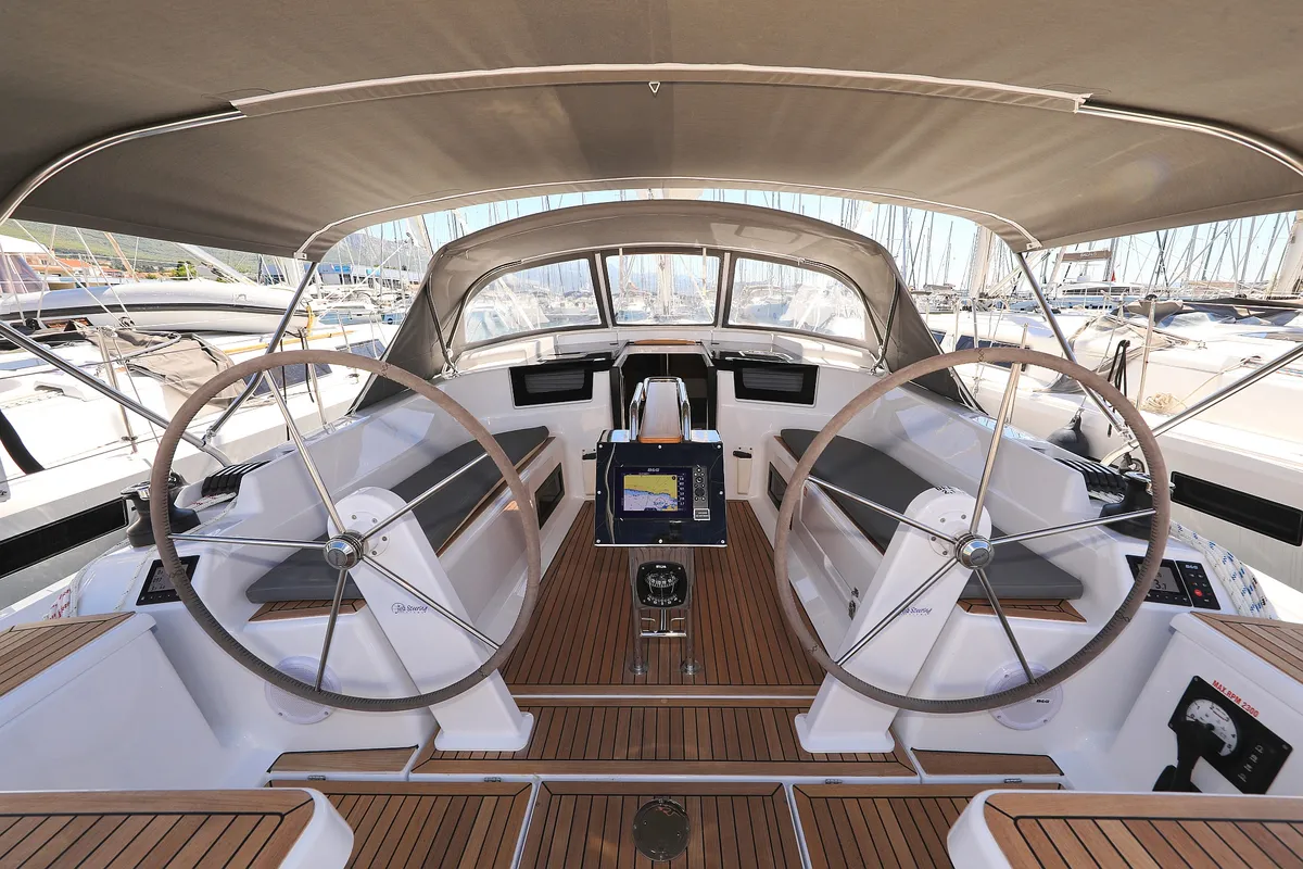 Cockpit of Sweet Summer, a Hanse 388 sailboat at Grad Kaštela, Croatia