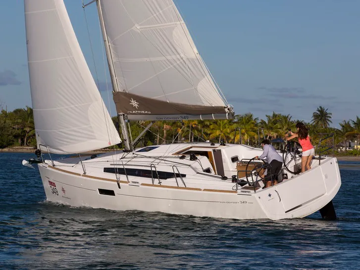 Exterior view of Bravo Kiss, a Jeanneau Sun Odyssey 349 sailboat at Dubrovnik, Croatia
