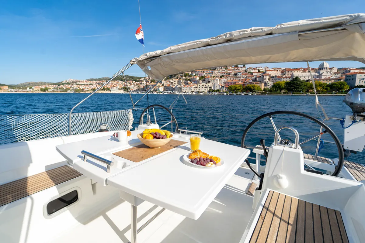 Cockpit of Aphrodite , a Beneteau Oceanis 38 sailboat at Grad Šibenik, Croatia