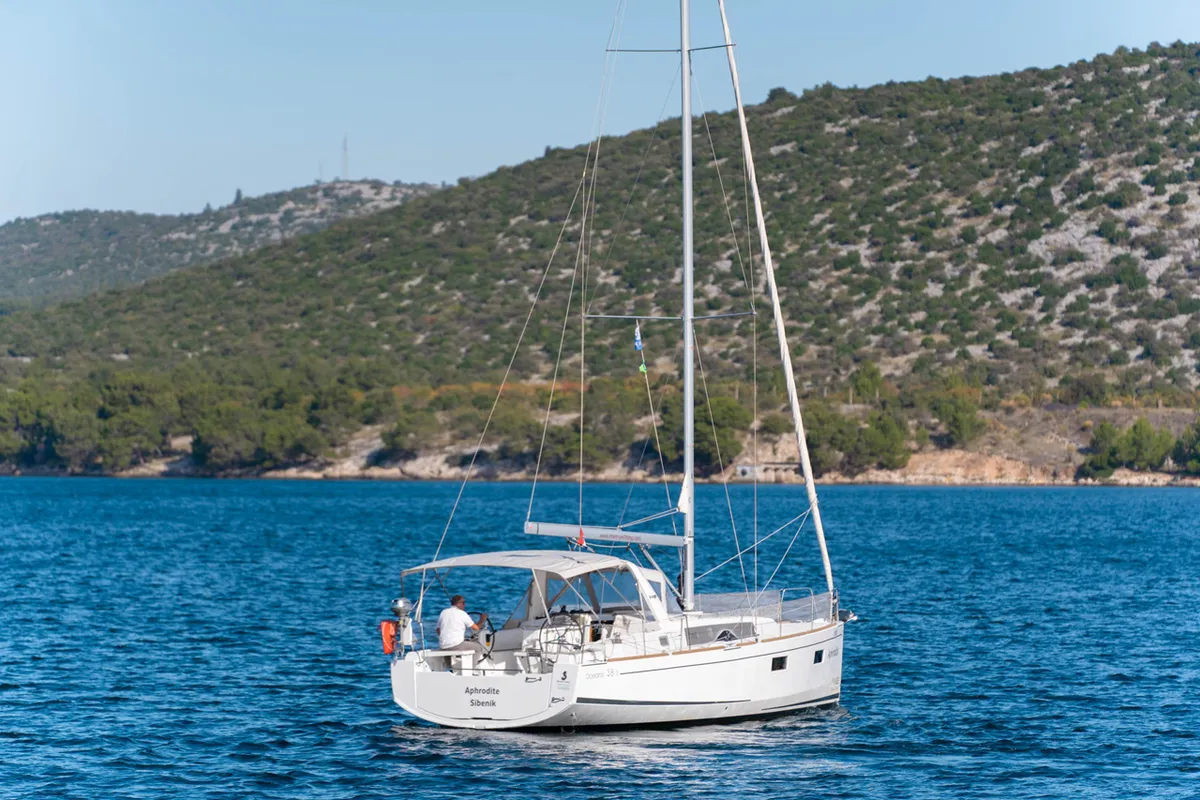 Exterior view of Aphrodite , a Beneteau Oceanis 38 sailboat at Grad Šibenik, Croatia