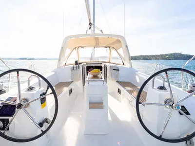 Cockpit of Aphrodite , a Beneteau Oceanis 38 sailboat at Grad Šibenik, Croatia
