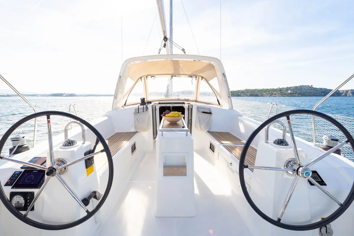 Cockpit of Aphrodite , a Beneteau Oceanis 38 sailboat at Grad Šibenik, Croatia