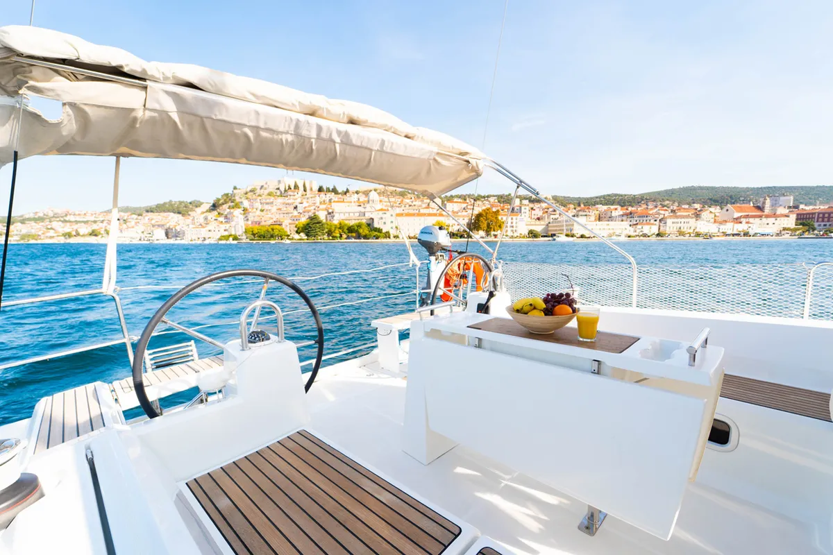 Cockpit of Aphrodite , a Beneteau Oceanis 38 sailboat at Grad Šibenik, Croatia
