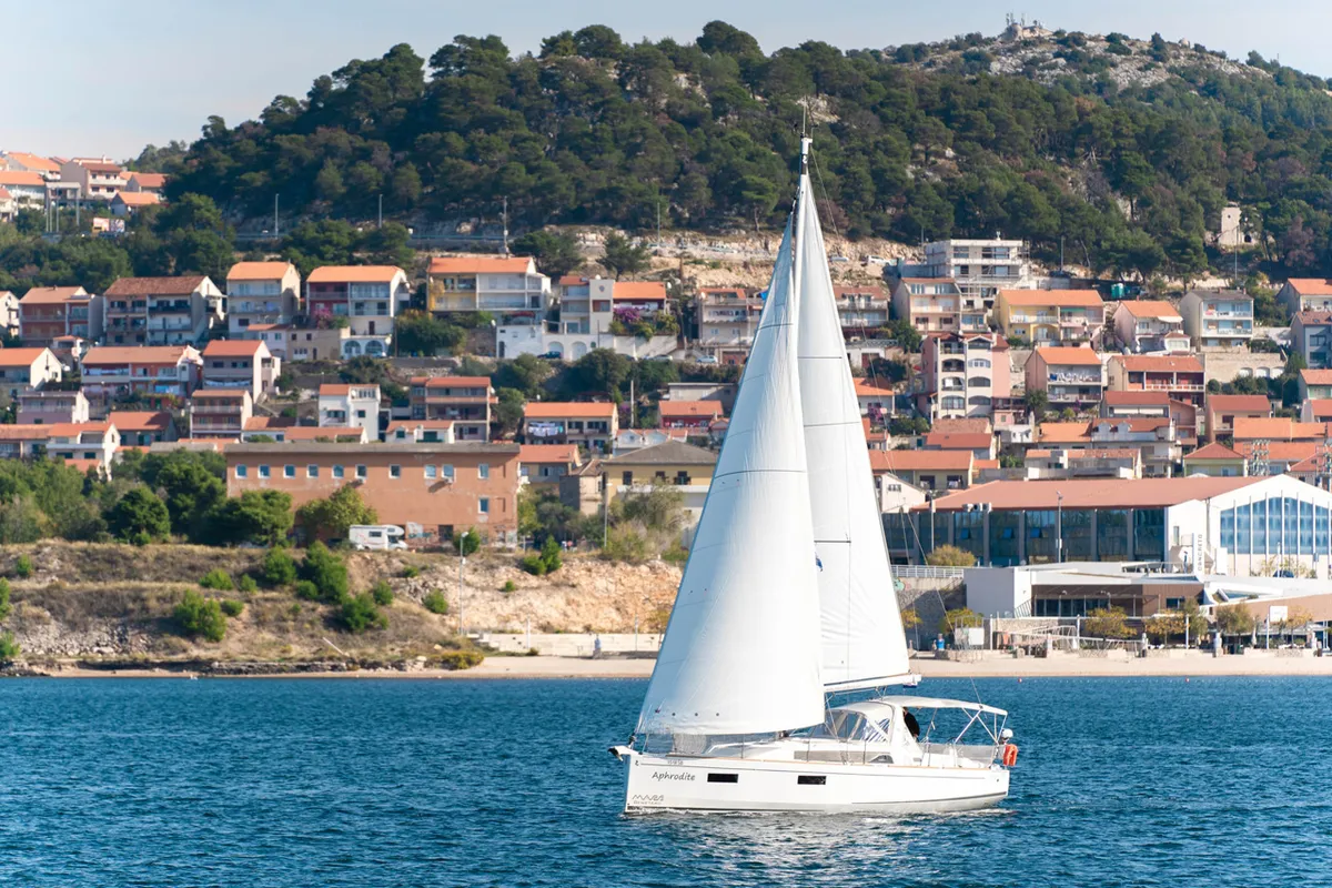 Exterior view of Aphrodite , a Beneteau Oceanis 38 sailboat at Grad Šibenik, Croatia