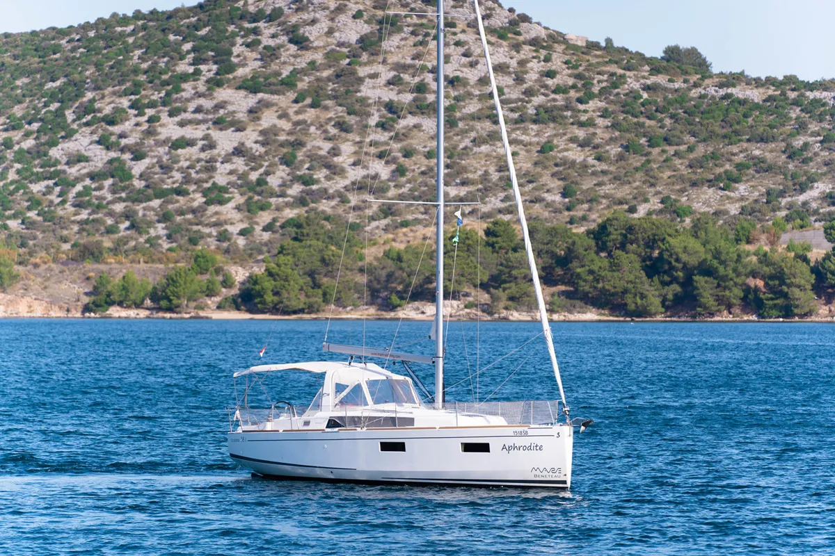 Exterior view of Aphrodite , a Beneteau Oceanis 38 sailboat at Grad Šibenik, Croatia