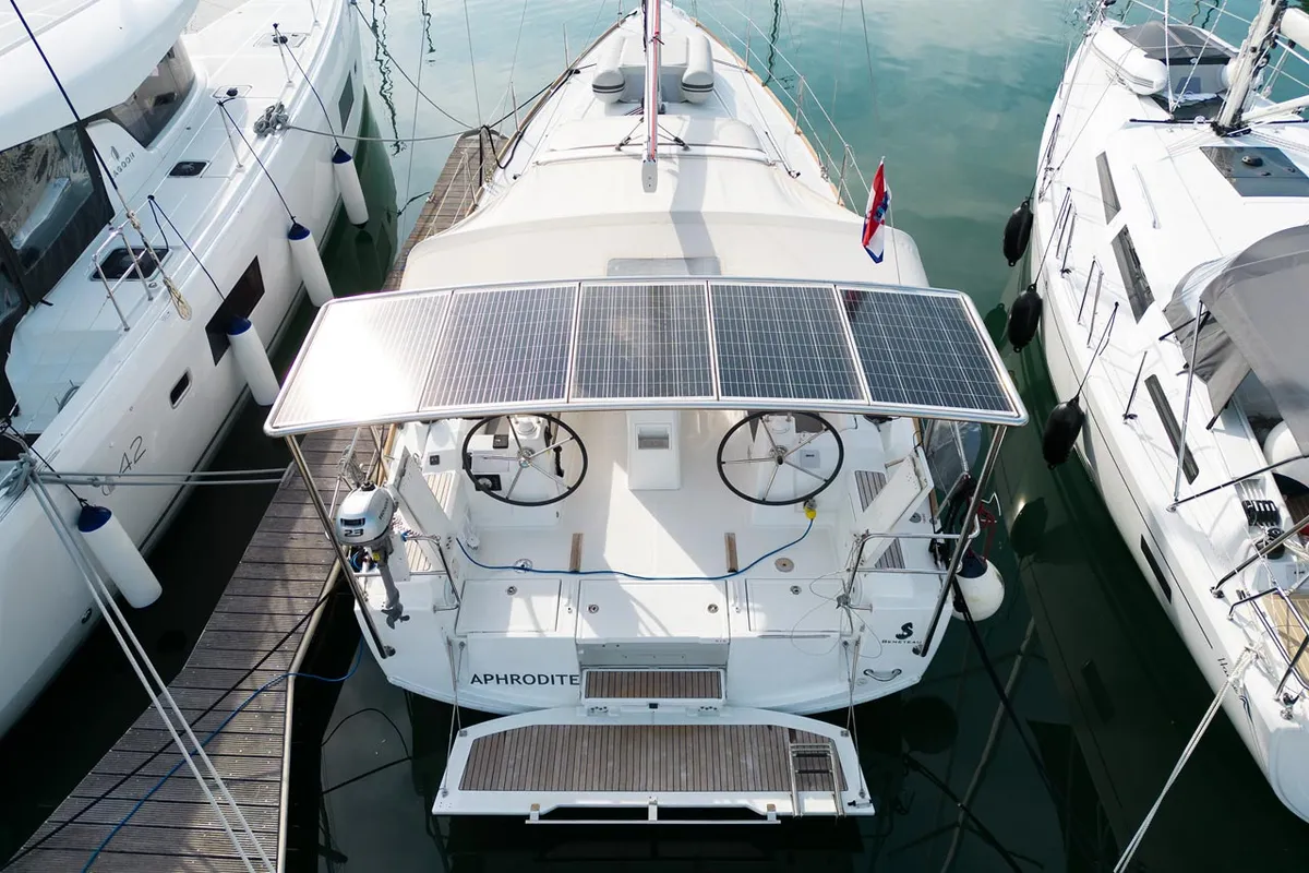 Exterior view of Aphrodite , a Beneteau Oceanis 38 sailboat at Grad Šibenik, Croatia