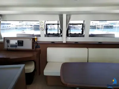 Salon of Grecostar, a Lagoon 450 Fly catamaran at Parikia, Greece