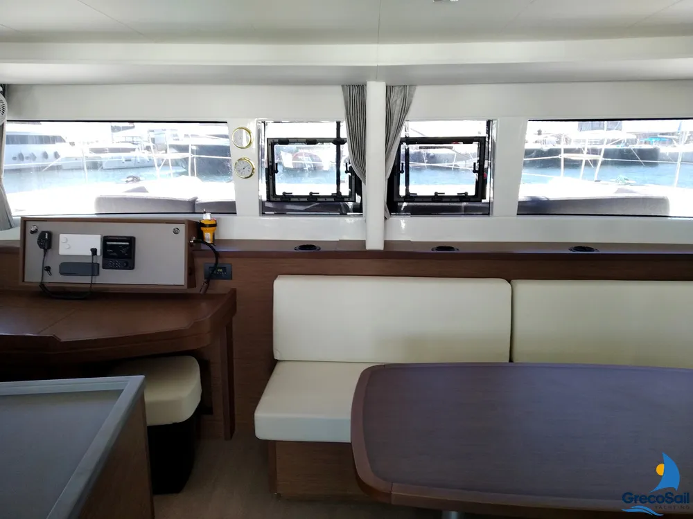Salon of Grecostar, a Lagoon 450 Fly catamaran at Parikia, Greece