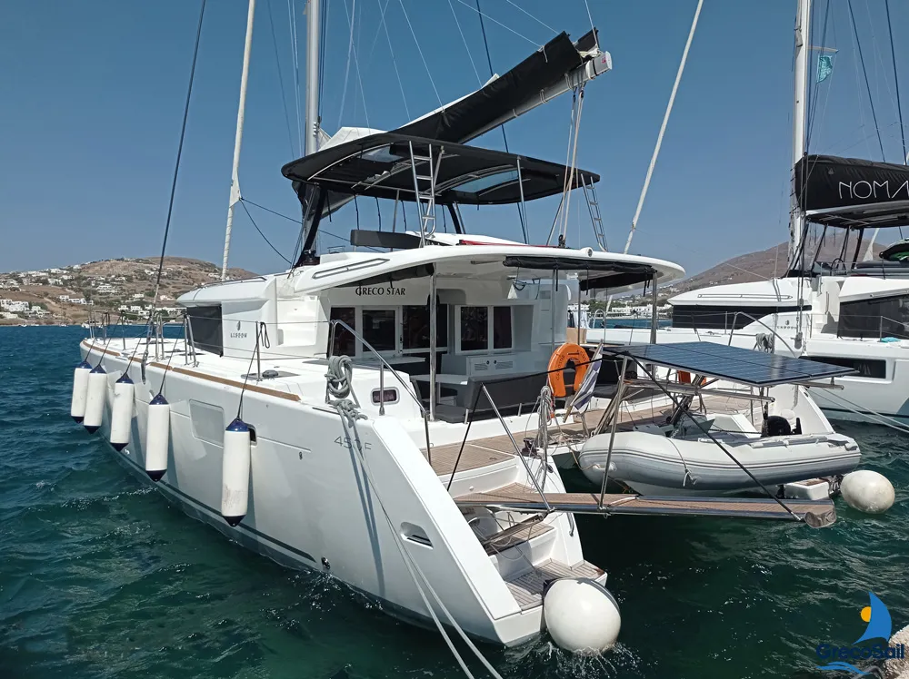 Exterior view of Grecostar, a Lagoon 450 Fly catamaran at Parikia, Greece