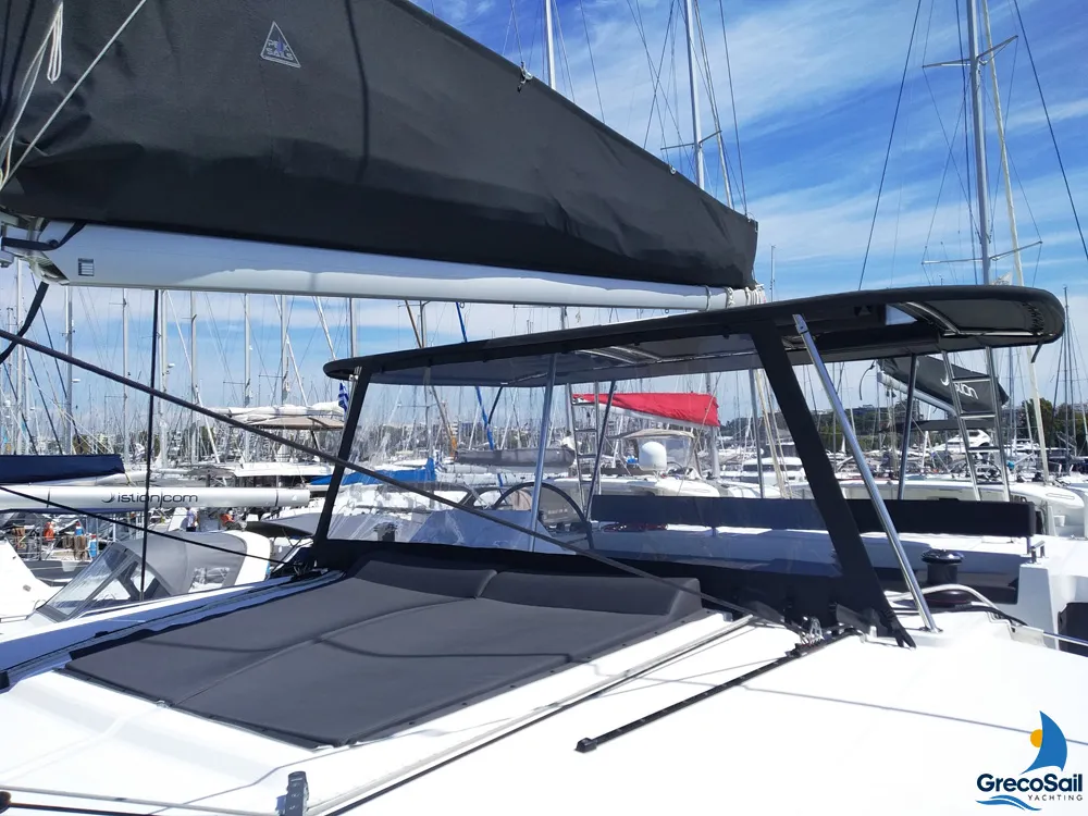 Deck of Grecostar, a Lagoon 450 Fly catamaran at Parikia, Greece