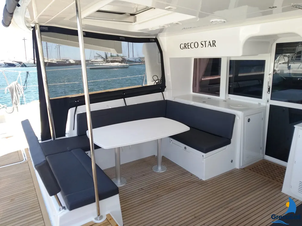 Deck of Grecostar, a Lagoon 450 Fly catamaran at Parikia, Greece