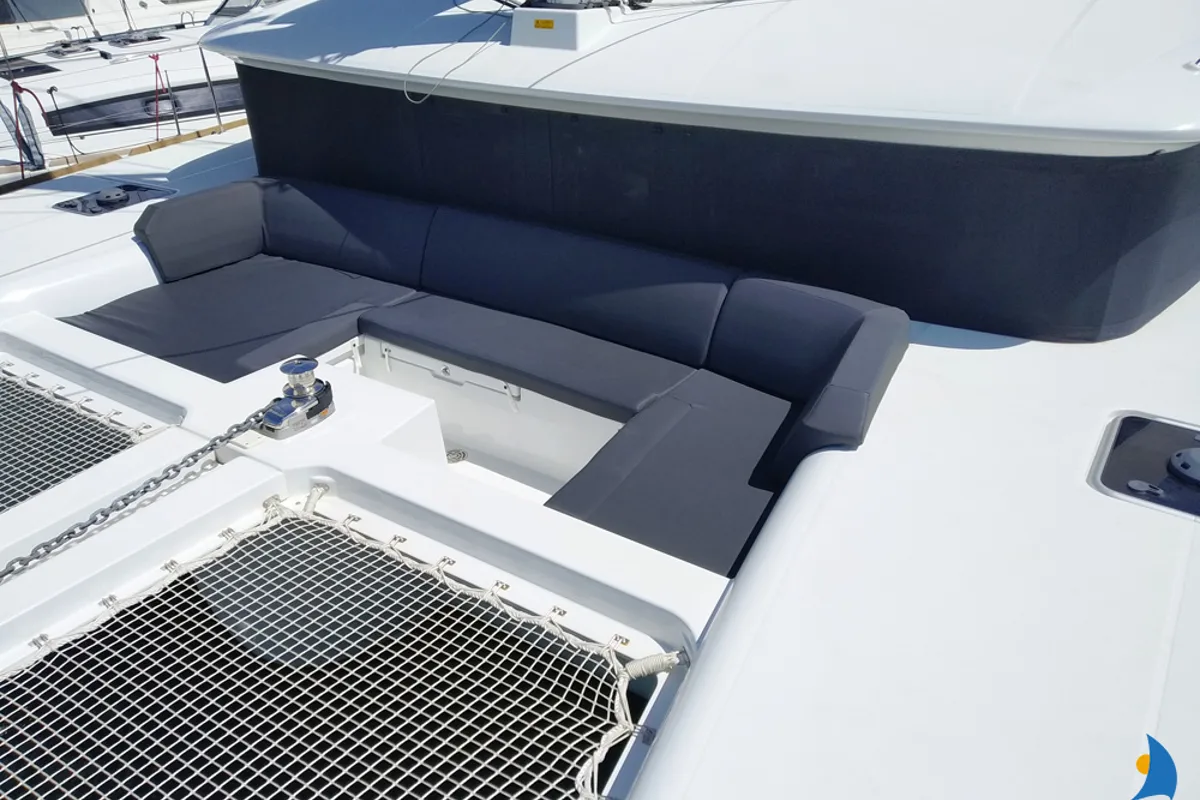 Deck of Grecostar, a Lagoon 450 Fly catamaran at Parikia, Greece