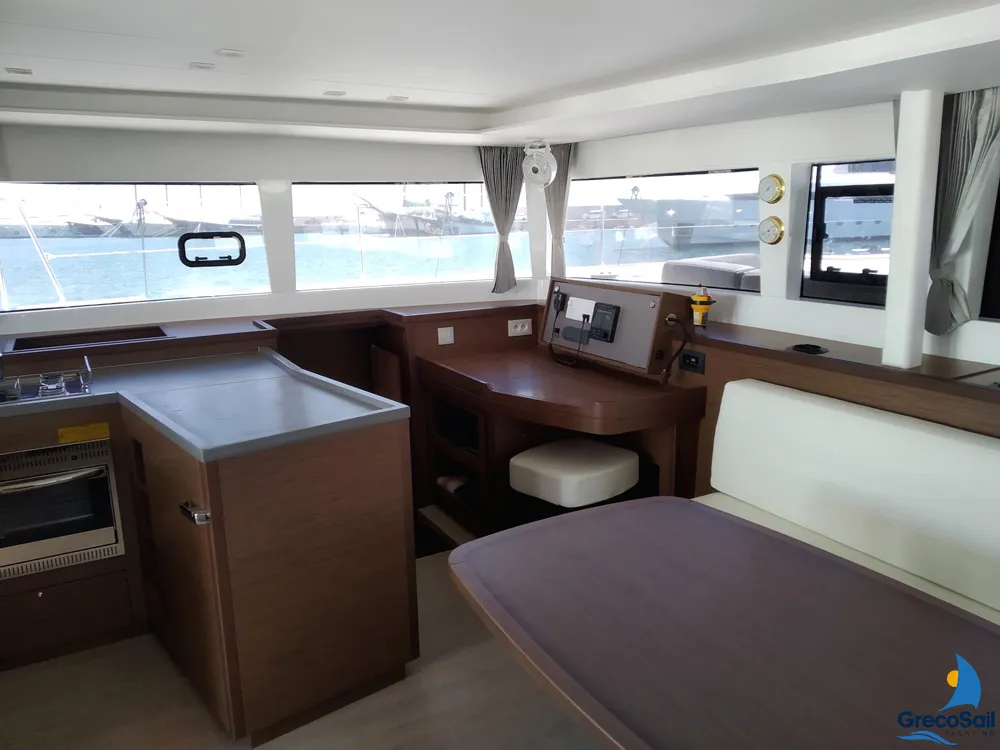 Salon of Grecostar, a Lagoon 450 Fly catamaran at Parikia, Greece
