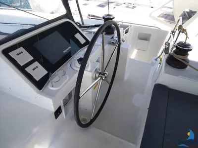 Cockpit of Grecostar, a Lagoon 450 Fly catamaran at Parikia, Greece