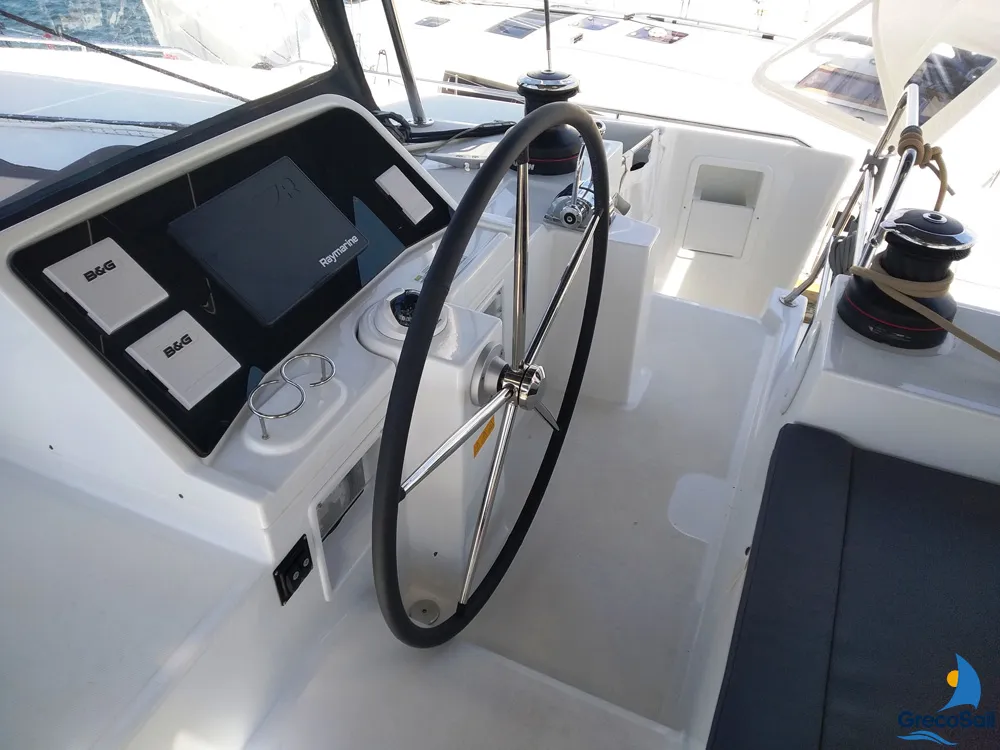 Cockpit of Grecostar, a Lagoon 450 Fly catamaran at Parikia, Greece