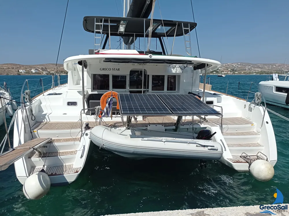 Exterior view of Grecostar, a Lagoon 450 Fly catamaran at Parikia, Greece