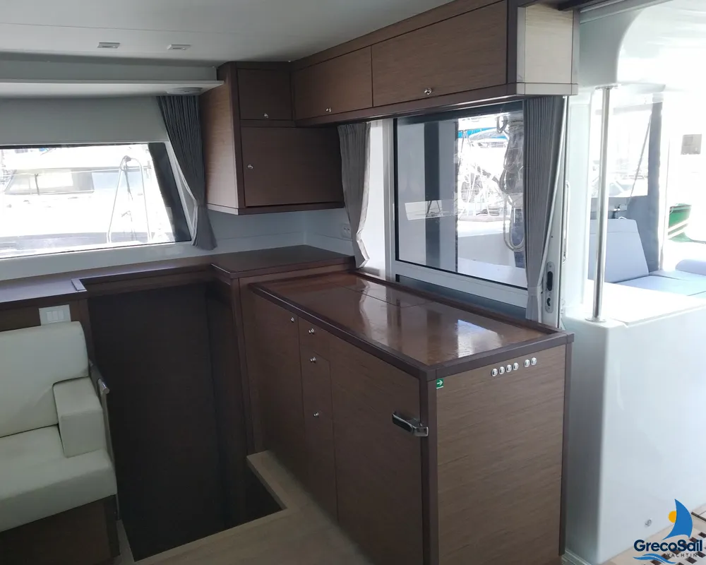 Salon of Grecostar, a Lagoon 450 Fly catamaran at Parikia, Greece