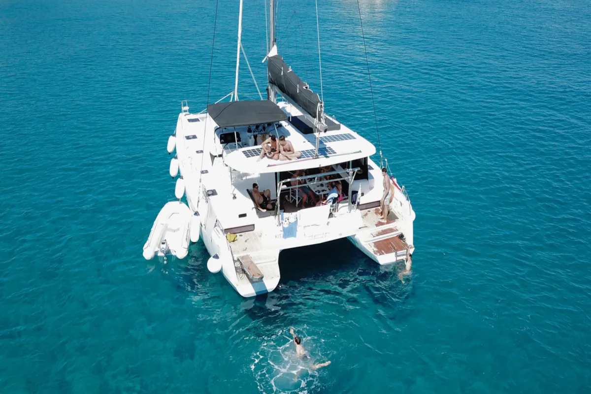 Exterior view of Kit Cat, a Lagoon 42 catamaran at Athens, Greece