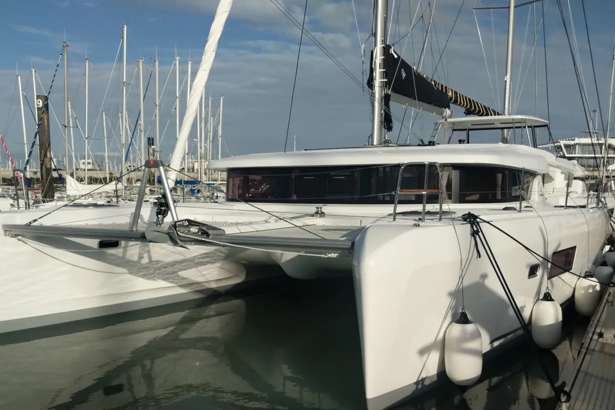 Exterior view of Kit Cat, a Lagoon 42 catamaran at Athens, Greece