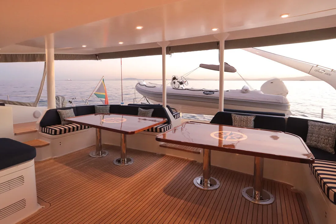 Deck of Sameli, a Two Oceans Marine Balance 760 catamaran at Τροκαντερό, Greece