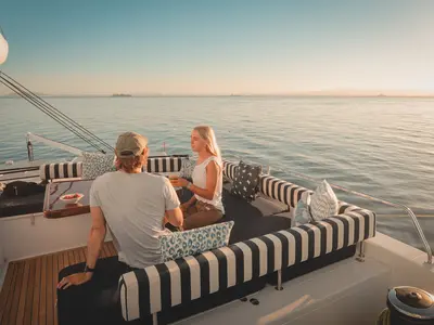 Deck of Sameli, a Two Oceans Marine Balance 760 catamaran at Τροκαντερό, Greece