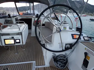 Cockpit of Mayflower, a Jeanneau Sun Odyssey 519 sailboat at Municipal Unit of Nea Peramos, Greece